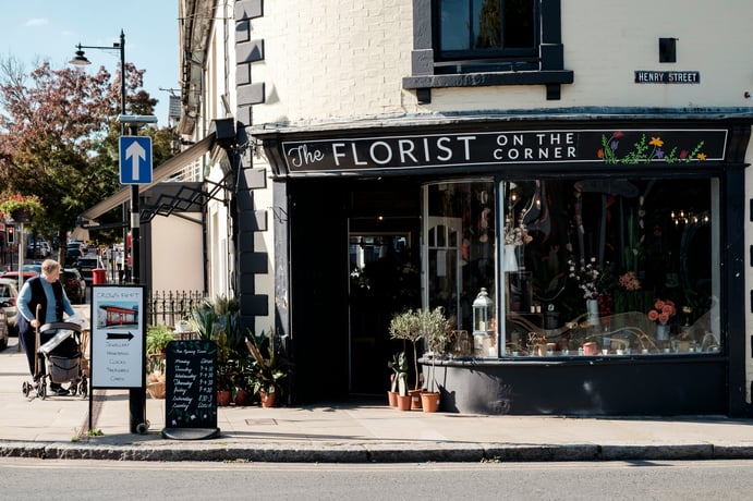 Floral shop in city block