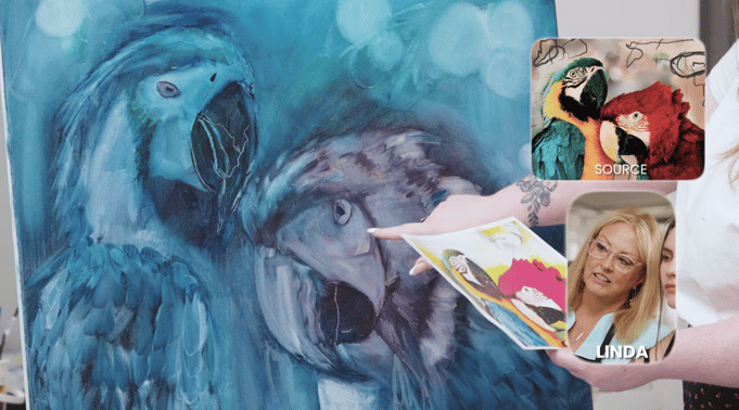 Painting underpainting in blue parrots and white highlights with source photo and contestant photo Linda
